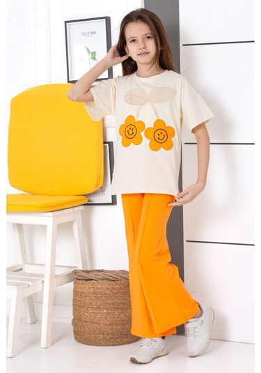 Çiçek Nakışlı İspanyol Paça Mevsimlik Takım Turuncu