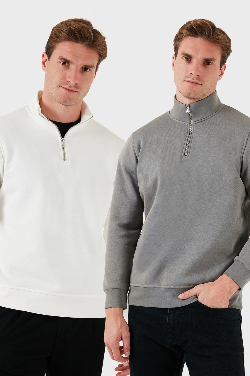 Buratti Pamuklu Regular Fit Dik Yaka 2'Li Paket Erkek Sweat 59052592S2 Açık Haki-Ekru