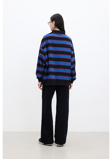 Polo Yaka Oversıze Sweatshırt Mavi Mavi