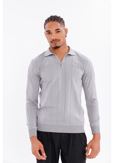 Monox Erkek Yarım Fermuarlı Polo Yaka Triko Kazak Gri