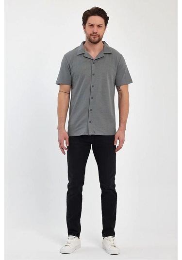 Erkek Rahat Kalıp Ottoman Kumaş Nefes Alabilen Pamuklu Apaş Yaka Gömlek Açık Haki