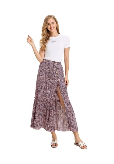 Sones Yüksek Bel Çiçekli Plise Vintage Bölünmüş Etek Pembe