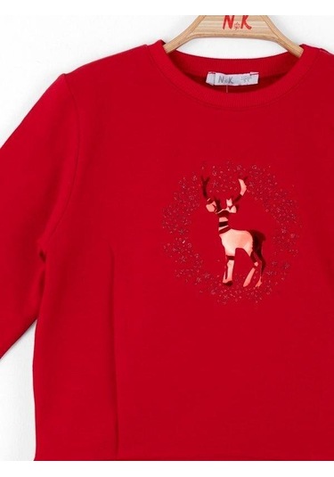 Kız Çocuk Parlak Geyik Baskılı Sweatshirt-13487 Kırmızı