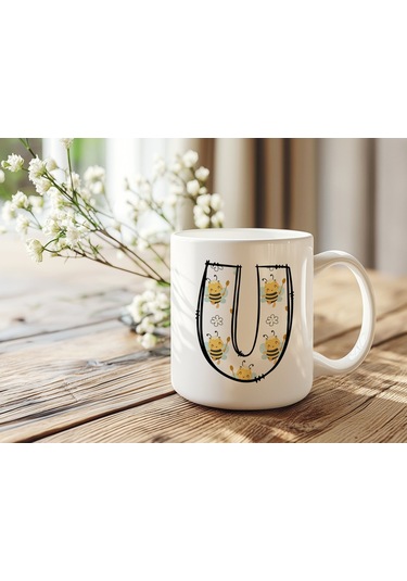 U Harfi Arı Desenli Kupa - Sevimli Hayvan Temalı Kişiye Özel Kahve Kupası - Şans Kupası Beyaz