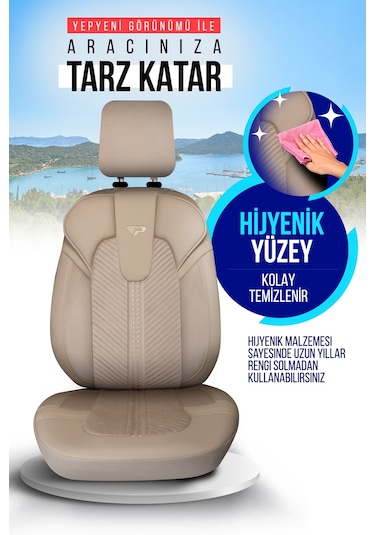 Bej - Bej Panda Monte Carlo Serisi Velor Kadife Kumaş Oto Koltuk Kılıfı - Tam Set