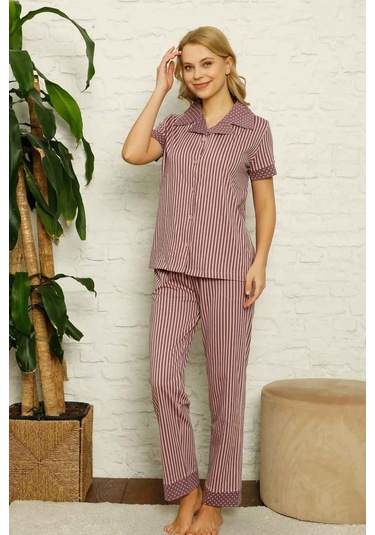 Dreamy Pamuklu Uzun Kollu Puantiyeli Düğmeli Yaka Pijama Takımı Açık Lila Puantiye Lila