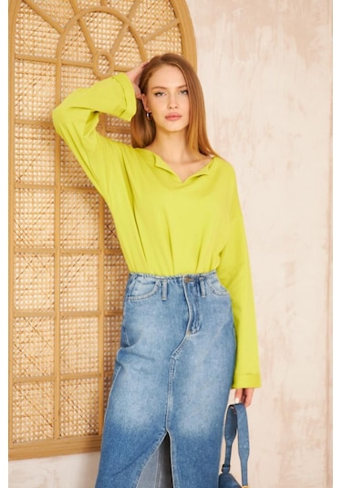 Kadın Ekstra Uzun Duble Kol / Yakası Yırtmaçlı Salaş Sweatshirt Bluz 3470190 Yağ Yeşili