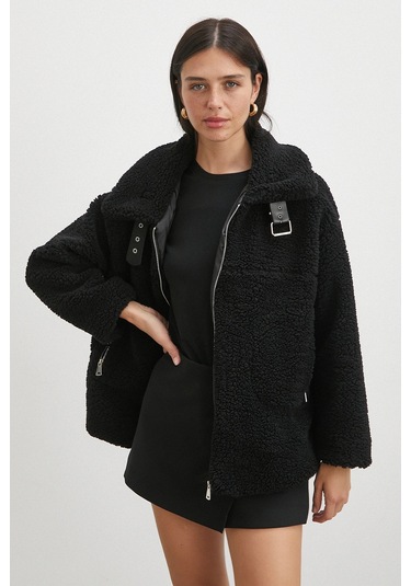 Yaka Detaylı Peluş Mont Siyah Siyah