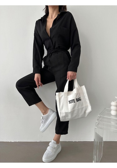 Kadın Oversize Keten Gömlek Pantolon Alt Üst Takım Siyah