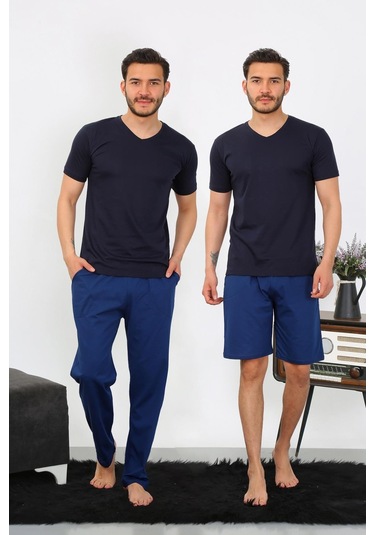 Akbeniz Erkek Penye 3'lü Lacivert V Yaka Pijama Takımı 6822-lacivert Lacivert