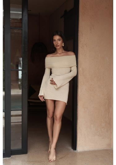 Kirana Carmen Yaka Bej Mini Triko Elbise Bej