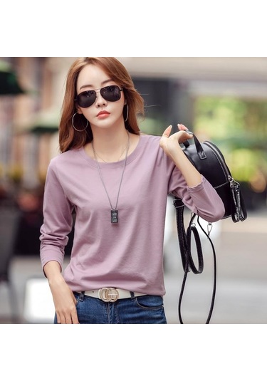 Mor İlkbahar Ve Sonbahar Kadın Bluz Pamuk Gevşek Düz Renk Yuvarlak Yaka Uzun Kollu Üst