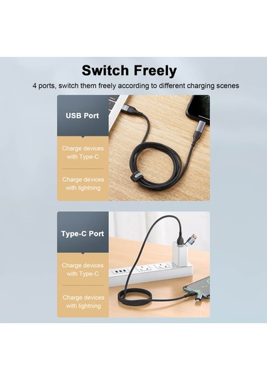 Yifomall Remax Rc-011 Dörtlü Usb Kablosu: Hızlı Şarj 3a , 480mbps Aktarım, Gümüş İp Örgü, Esnek Uzunluk, Çoklu Port Type-c/lightning , Siyah