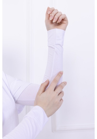 Likralı Penye Kolluk Beyaz - Pratik Kadın Tesettür Düz Namaz Kolluğu 1 Çift Viskon Hijab Beyaz