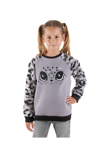 Denokids Leopar Peluş Kız Çocuk Sweatshirt Çok Renkli