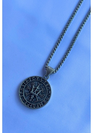 Mızraklı Vegvisir Pusula El İşçiliği Paslanmaz Çelik Zincir Erkek Kolye Gümüş