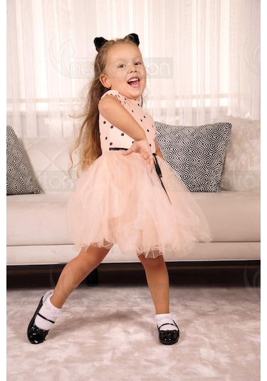 Puantiyeli Kız Çocuk Kısa Kollu Doğum Günü Ve Özel Günler İçin Tüllü Elbise Kısakol-somon Somon