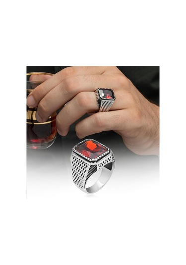 Kare Kırmızı Taşlı 925 Gümüş Erkek Yüzük