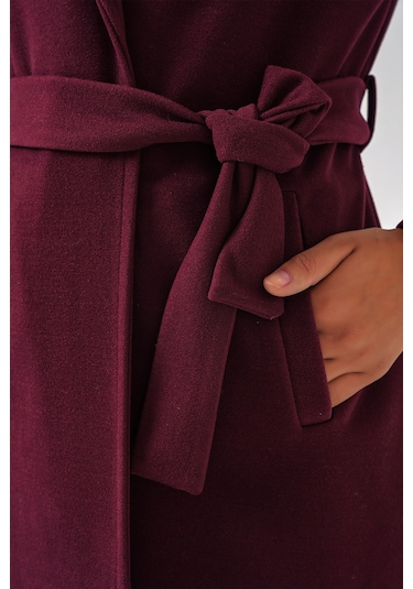 9118 Kruvaze Yaka Kaşe Kaban - Bordo Bordo