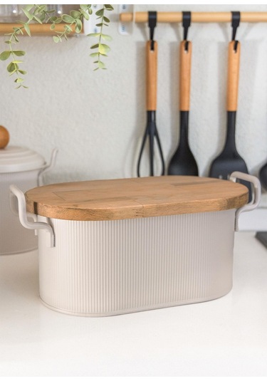 The Mia Stripe Ahşap Kapaklı Ekmek Saklama Kutusu Bej 40x22x18 Cm Bej