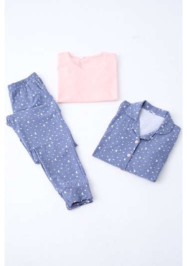 Kadın Pijama Uzun Kollu Düğmeli Pijama Takımı Cepli Pamuk 3 Lü Takım Kısa Kollu Indıgo İndigo