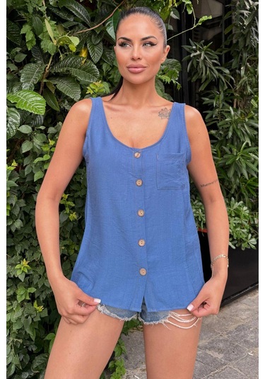 Kadın İndigo Yuvarlak Yaka Ve Düğme Detaylı, Kalın Askılı Keten Atlet Bluz Indigo