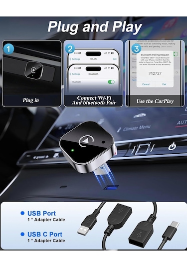 Youtek Kablosuz Carplay Adaptörü, Type-c Dönüştürücü İle, Otomatik Bağlantı, Entegre Navigasyon/müzik/siri/dahili Çağrı Desteği, İos/android Uyumlu