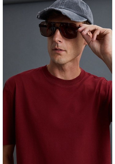 GRIMELANGE Solo Erkek %100 Organik Pamuklu Kalın Dokulu Comfort Fit Bisiklet Yakalı Bordo T-shirt Bordo