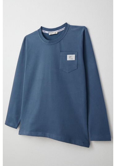 Breeze Erkek Çocuk Uzun Kollu Tişört Cool Yazı Armalı Cepli 4-8 Yaş, İndigo Indigo