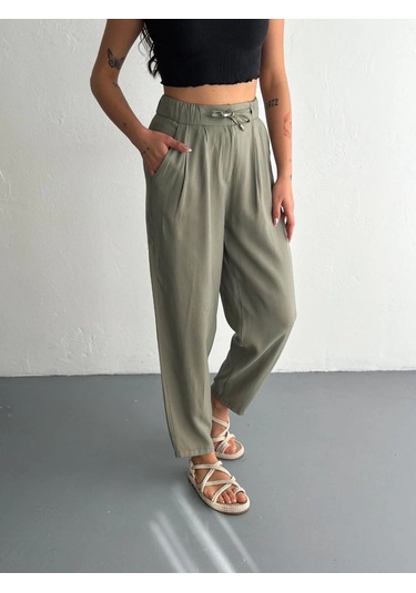 Kadın Yüksel Bel Beli Bağcıklı Cepli Rahat Paça Pantalon - Su Yeşili Su Yeşili