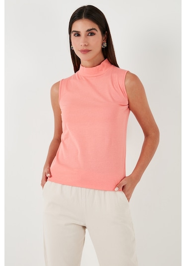 Lela Pamuklu Kolsuz Dik Yaka Bayan T Shirt 5865710 Coral