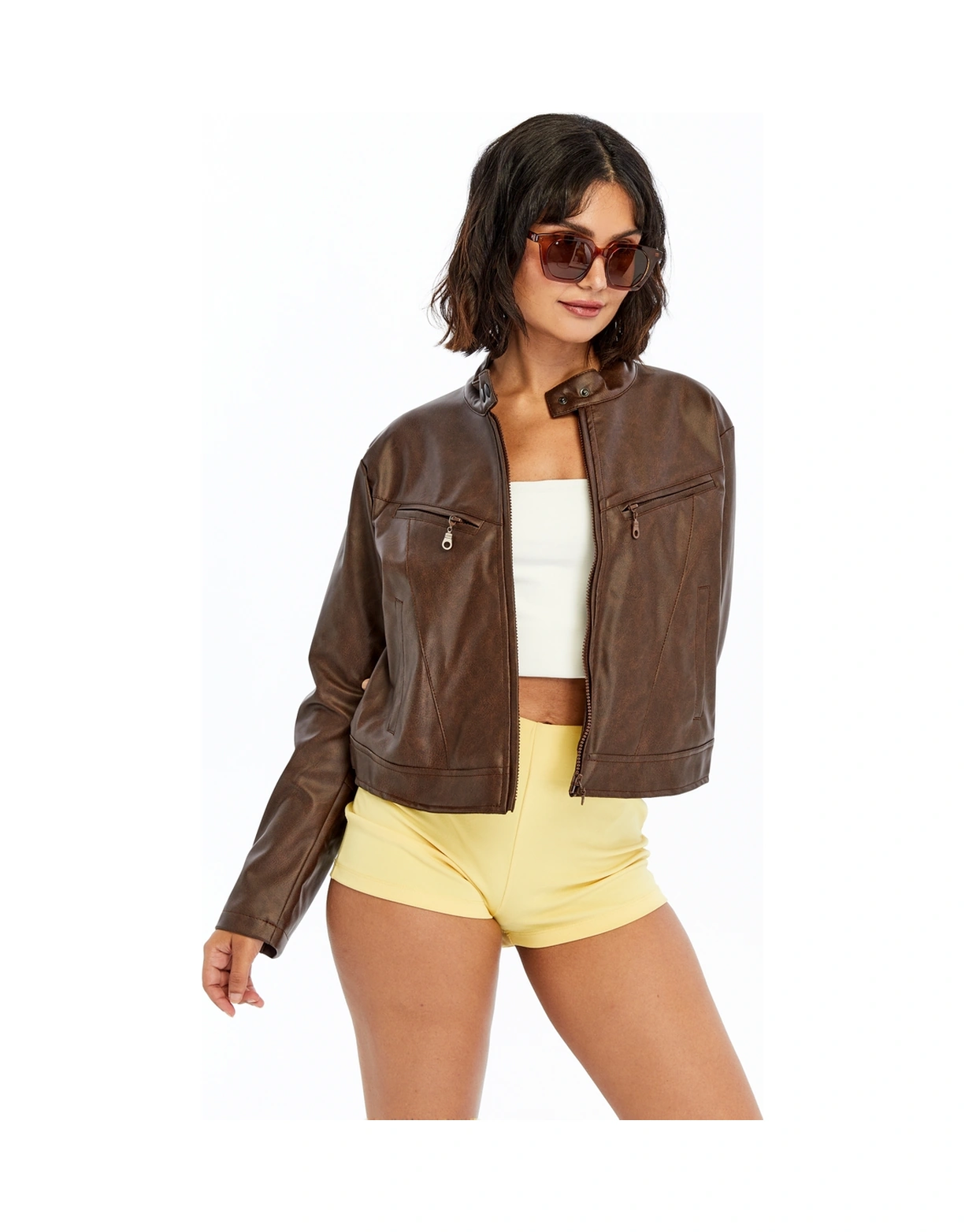 Kadın Deri Ceket Niş Kompakt Tasarım Mont Günlük Kullanım Fermuar Hakim Yaka Şık Ceket Kahverengi