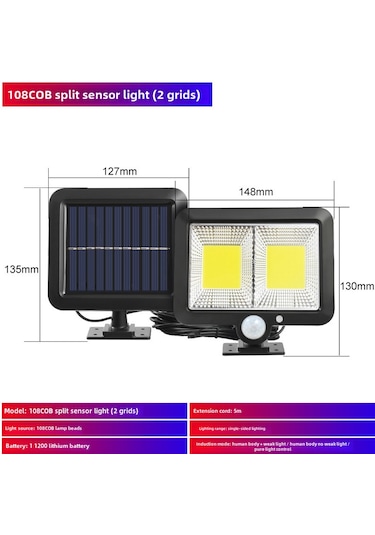 Mufunye Güneş Enerjili Dış Mekan Sensörlü Işık - Su Geçirmez, 108cob, Bölünmüş Sistem, 3 Mod, 6-12 Saat Aydınlatma - Bahçe, Garaj Duvar Lambası