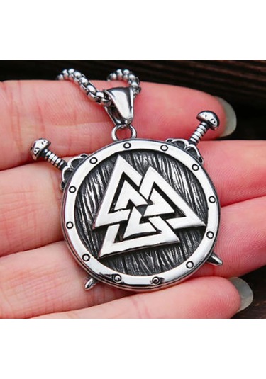 Paslanmaz Çelik Güç Simgesi Valknut Savaşçı Viking Kalkan Kolye Gümüş