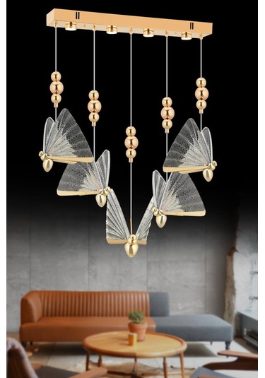 İstanbul Avize İpek Yemek Masası 5'li Gold Ledli 3 Renk Modern Led Avize Gold