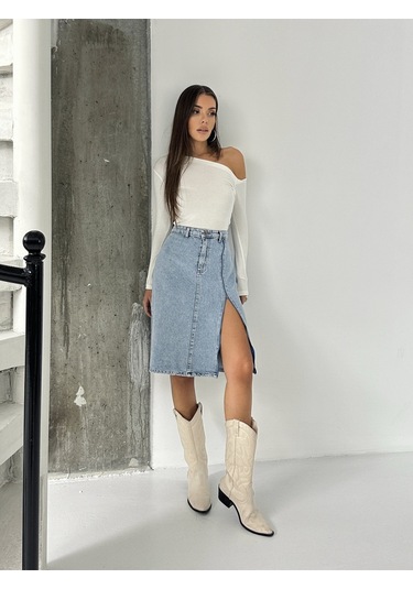Kadın Ön Yırtmaç Fermuar Detaylı Kot Etek Taş