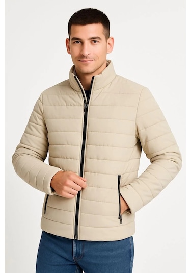 Erkek Bomber Mont Ceket Su İtici Kumaş, Kapitone Astarlı, Fermuarlı, Kışlık - Bej Bej