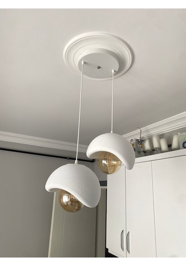 Beton Görünümlü Modern Şık İskandinav Tarz 2 Başlı Avize 25cm Rustik Ampul Hediyeli Nestvibe Beyaz