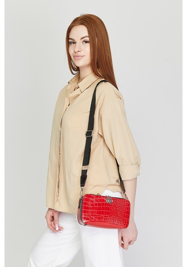 Morpelikan Kırmızı Kroko İki Bölmeli Kadın Omuz Çantası Kırmızı