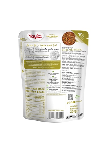 Yayla Yemek Hazır Zeytinyağlı Yeşil Mercimek 250 G