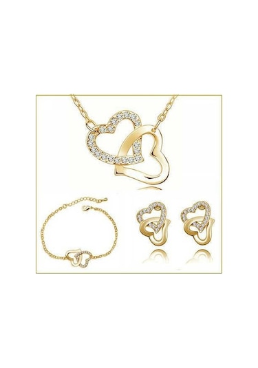 Çok Şık, Kolye, Küpe, Bileklik, Kalp Takı Seti 18 Gp Sevgililer