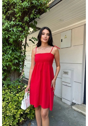 Kısa Pamuklu Yaz Elbisesi Askısı Bağlamalı Astarsız Kırmızı