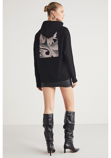 Ethıquet Glace Kadın Ön Ve Arka Baskı Detaylı Kapüşonlu Regular Fit Normal Kalıp Siyah Sweatshirt