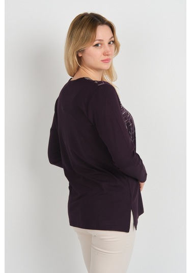 Detay Triko Kadın Taş Detaylı Desenli Yanları Yırtmaçlı Uzun Kol Anne Bluz 5741 Mürdüm Mürdüm