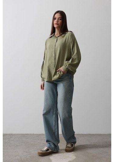 Çizgili Uzun Kol Gömlek - Haki Karışık Çok Renkli