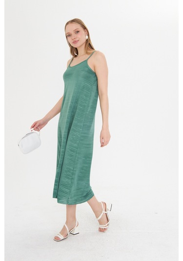 Gülkurusu Kadın Askılı Piliseli Elbise Yeşil