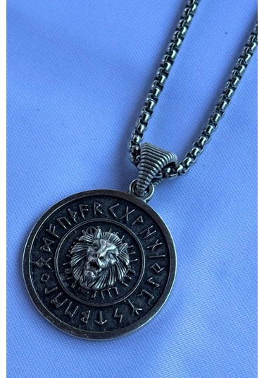 Aslanlı Viking El İşçiliği Paslanmaz Çelik Zincir Erkek Kolye Gümüş