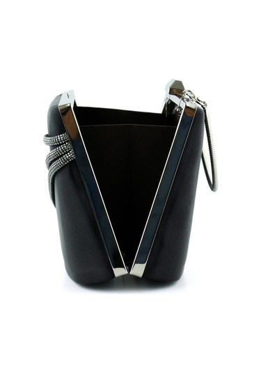 Erkan Saçmacı Siyah Saten Taşlı Gümüş Metal Saplı Zincir Askılı Abiye Çanta Siyah