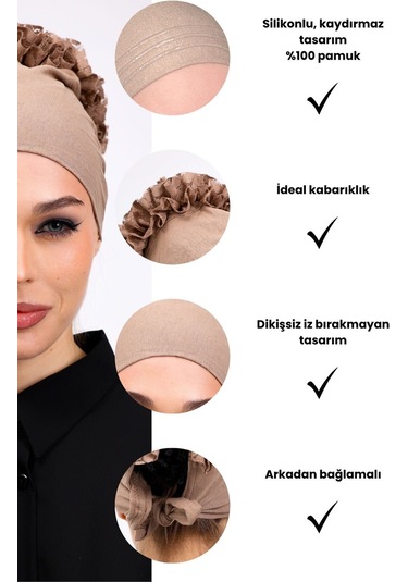 Kaymayan Fırfırlı Silikonlu Dikişsiz Bone - Kaymaz Kadın Tesettür Bağlamalı İç Bone-vizon Vizon