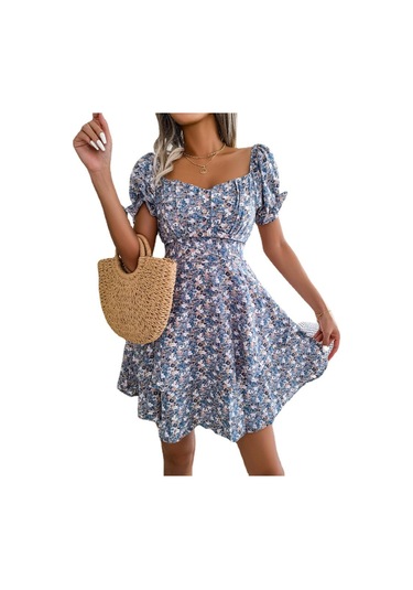 Gmxıa Yaz/ilkbahar Kadın Modası Dar Kesim Kare Yaka Kısa Kollu Elbise Mavi